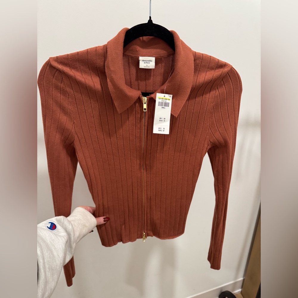 Abercrombie & Fitch Rust Ribbed Zip-Up Sweater